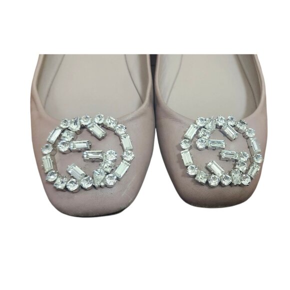 Gucci Women's Ballet Flats Pink Satin Square Toe GG Crystal Logo Designer Shoes - Picture 3 of 14